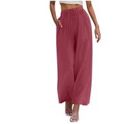 KUIH Linen Trousers Womens Elasticated Waist Wide Leg Trousers with Pockets Ladies Cotton Linen Pants Casual Loose Palazzo Pants Travel Holiday Beach Bottoms Lounge Wear