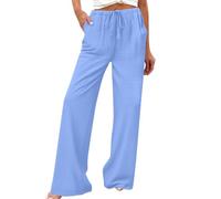 KUIH Linen Trousers Womens High Waisted Wide Leg Lounge Pants Ladies Lightweight Loose Fit Casual Walk Pants Summer Casual Ladies Palazzo Trousers with Pockets for Beach Holiday Vacation Sky Blue