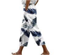 KUIH Linen Trousers Womens Summer Boho Trousers Floral Print Elastic Waisted Pull On Cropped Pants Wide Leg Harem Pants Ladies Casual Lightweight Lounge Palazzo Beach Bottoms Holiday Clothes