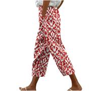 KUIH Linen Trousers Womens Summer Boho Trousers Floral Print Elastic Waisted Pull On Cropped Pants Wide Leg Harem Pants Ladies Casual Lightweight Lounge Palazzo Beach Bottoms Holiday Clothes