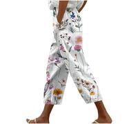KUIH Linen Trousers Womens Summer Boho Trousers Floral Print Elastic Waisted Pull On Cropped Pants Wide Leg Harem Pants Ladies Casual Lightweight Lounge Palazzo Beach Bottoms Holiday Clothes