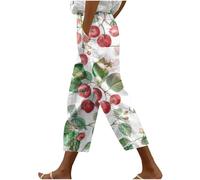 KUIH Linen Trousers Womens Summer Boho Trousers Floral Print Elastic Waisted Pull On Cropped Pants Wide Leg Harem Pants Ladies Casual Lightweight Lounge Palazzo Beach Bottoms Holiday Clothes
