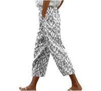 KUIH Linen Trousers Womens Summer Boho Trousers Floral Print Elastic Waisted Pull On Cropped Pants Wide Leg Harem Pants Ladies Casual Lightweight Lounge Palazzo Beach Bottoms Holiday Clothes