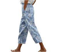 KUIH Linen Trousers Womens Summer Boho Trousers Floral Print Elastic Waisted Pull On Cropped Pants Wide Leg Harem Pants Ladies Casual Lightweight Lounge Palazzo Beach Bottoms Holiday Clothes
