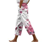KUIH Linen Trousers Womens Summer Boho Trousers Floral Print Elastic Waisted Pull On Cropped Pants Wide Leg Harem Pants Ladies Casual Lightweight Lounge Palazzo Beach Bottoms Holiday Clothes