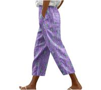 KUIH Linen Trousers Womens Summer Boho Trousers Floral Print Elastic Waisted Pull On Cropped Pants Wide Leg Harem Pants Ladies Casual Lightweight Lounge Palazzo Beach Bottoms Holiday Clothes