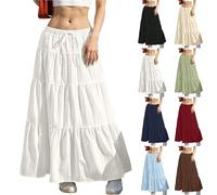 KUIH Long Skirts for Women Elastic High Waist Maxi Skirts Plain Loose Casual A Line Skirt Ladies Tiered Flowy Summer Skirt with Drawsting S-XXL White