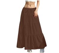 KUIH Long Skirts for Women Elastic High Waist Maxi Skirts Plain Loose Casual A Line Skirt Ladies Tiered Flowy Summer Skirt with Drawsting S-XXL Brown