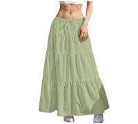 KUIH Long Skirts for Women Elastic High Waist Maxi Skirts Plain Loose Casual A Line Skirt Ladies Tiered Flowy Summer Skirt with Drawsting S-XXL Green