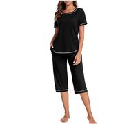 KUIH Lounge Wear Sets for Women UK Co Ord Sets Pjs Sets for Women 2 Piece Short Sleeve Shirts 3/4 Carpi Pants Trousers Plain Leisure Wear Sets Nightwear Uk Size 8-26 Loungewear Homewear Dailywear