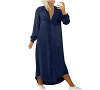 KUIH Maxi Dresses for Women UK 2024 Long Sleeve Dress Plus Size Autumn Winter Dress V Neck Denim Maxi Dress Ladies Button Up Lapel Jean Long Dresses Flowy Dresses Office Wear Going Out Dress