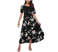KUIH Maxi Dresses for Women UK Short Sleeve Summer Dresses Chiffon Floral Printed Vacation Pleated A Line Swing Dress with Pockets Loose Tunic Casual Dress Plus Size for Party Wedding Daily