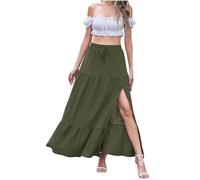 KUIH Maxi Skirts for Women UK Summer Long Skirt Split Slit Elasticated Waist Ladies Casual A-Line Cotton Linen Skirts for Beach, Party, Holiday Army Green