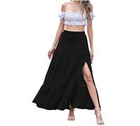 KUIH Maxi Skirts for Women UK Summer Long Skirt Split Slit Elasticated Waist Ladies Casual A-Line Cotton Linen Skirts for Beach, Party, Holiday Black