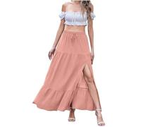 KUIH Maxi Skirts for Women UK Summer Long Skirt Split Slit Elasticated Waist Ladies Casual A-Line Cotton Linen Skirts for Beach, Party, Holiday Pink