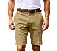 KUIH Men's Shorts, Summer Cotton Casual Business Formal Shorts Solid Color Elastic Waist Stretchy Cargo Chino Short Lightweight Sports Hiking Running Short Pants Khaki