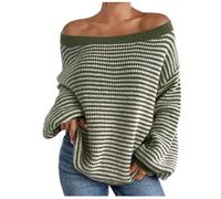 KUIH Off Shoulder Jumper for Women Oversized Striped Jumper Batwing Long Sleeve Tops Ladies Casual Pullover Sweaters Warm Knitwear Wool Blend Top Plus Size Autumn Winter Fashion Outfits Green