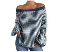 KUIH Off Shoulder Jumper for Women Oversized Striped Jumper Batwing Long Sleeve Tops Ladies Casual Pullover Sweaters Warm Knitwear Wool Blend Top Plus Size Autumn Winter Fashion Outfits Blue