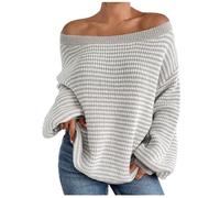 KUIH Off Shoulder Jumper for Women Oversized Striped Jumper Batwing Long Sleeve Tops Ladies Casual Pullover Sweaters Warm Knitwear Wool Blend Top Plus Size Autumn Winter Fashion Outfits Gray