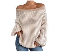 KUIH Off Shoulder Jumper for Women Oversized Striped Jumper Batwing Long Sleeve Tops Ladies Casual Pullover Sweaters Warm Knitwear Wool Blend Top Plus Size Autumn Winter Fashion Outfits Beige