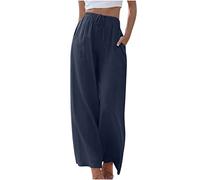 KUIH Palazzo Pants for Women Plus Size Cotton Linen Trousers Solid Color Elasticated Waist Wide Leg Trousers with Pockets Ladies Casual Summer Lounge Pants Loose Beach Bottoms Lounge Wear