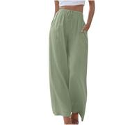 KUIH Palazzo Pants for Women Plus Size Cotton Linen Trousers Solid Color Elasticated Waist Wide Leg Trousers with Pockets Ladies Casual Summer Lounge Pants Loose Beach Bottoms Lounge Wear