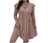 KUIH Plus Size Dresses for Women UK Ruffle Sleeve V Neck Tunic Dress Eyelet Midi Casual Dress Solid Color Smock Sundress Ladies Summer Dresses for Beach Party Wear