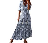 KUIH Plus Size Summer Dress for Women UK - V Neck Short Sleeve Floral Print Boho Maxi A Line Beach Tunic in Chiffon - Holiday Vacation Clothes
