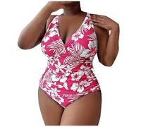 KUIH Plus Size Swimwear for Women Floral Print 2 Piece Swimsuit V Neck Tummy Control Swimming Costume Slimming Swimwear Bathing Suit Push Up Monokinis Ladies Beach Swimsuit
