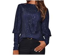 KUIH Sequin Tops for Women Glitter Sparkly Party Blouse Puff Long Sleeve Tunic Tops Crewneck Pullover Loose Elegant Ladies Shirts for Christmas Evening Party Club Disco Concert Blue