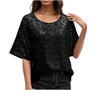 KUIH Sequin Tops for Women UK Party Tops Short Sleeve Glitter Sparkly Blouse Plus Size Tunic Tops Women's Blouses & Shirts Elegant Shimmer Glitter Top Ladies Evening Tops Going Out Shirt Black