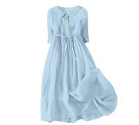 KUIH Shirt Dresses for Women UK, Laides Collared V Neck Short Sleeve Shirt Dress Waist Tie Pleated Tunic Dress Casual Elegant Work Dress Button Dress Cotton Linen Dress Floaty Sundress