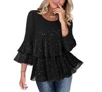 KUIH Sparkly Tops for Women Ruffle 3/4 Sleeve Tunic Top Loose Flowy Double Layered Mesh Blouses Round Neck Pleated Tunic Blouse Glitter Elegant Ladies Evening Tops for Christmas Evening Party Black