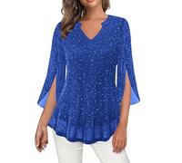 KUIH Sparkly Tops for Women Ruffle 3/4 Sleeve Tunic Tops Loose Flowy Chiffon Ladies Glitter Blouses V Neck Pleated Tunic Blouse Loose Elegant Ladies Top Flowy Double Layered Mesh Shirts Blue