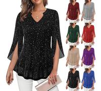 KUIH Sparkly Tops for Women Ruffle 3/4 Sleeve Tunic Tops Loose Flowy Chiffon Ladies Glitter Blouses V Neck Pleated Tunic Blouse Loose Elegant Ladies Top Flowy Double Layered Mesh Shirts Black