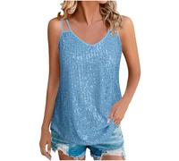KUIH Sparkly Tops for Women UK Glitter Sequin Vest Top V Neck Sparkle Shimmer Tank Vests Ladies Sequin Tops Sleeveless Tops Loose Fit Camisole Vests Tunic T Shirts for Night Club Party Light Blue