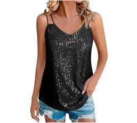 KUIH Sparkly Tops for Women UK Glitter Sequin Vest Top V Neck Sparkle Shimmer Tank Vests Ladies Sequin Tops Sleeveless Tops Loose Fit Camisole Vests Tunic T Shirts for Night Club Party Black
