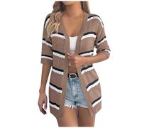 KUIH Summer Cardigans for Women UK Lightweight Crochet Cardigans Hollow Out Sweater Jacket Striped Long Sleeve Open Front Cardigan Summer Outerwear Beach Coverups Ladies Boho Jumper Tops Coffee
