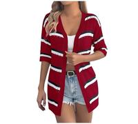 KUIH Summer Cardigans for Women UK Lightweight Crochet Cardigans Hollow Out Sweater Jacket Striped Long Sleeve Open Front Cardigan Summer Outerwear Beach Coverups Ladies Boho Jumper Tops Wine