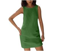 KUIH Summer Dresses for Women Backless Sleeveless Beach Sundress Vacation Crew Neck Casual Mini Dress Solid Color Tank Cotton Linen Dress Going Out Ladies Dresses with Pockets