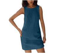 KUIH Summer Dresses for Women Backless Sleeveless Beach Sundress Vacation Crew Neck Casual Mini Dress Solid Color Tank Cotton Linen Dress Going Out Ladies Dresses with Pockets