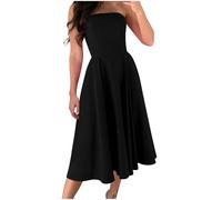 KUIH Summer Dresses for Women, Ladies Strapless Boob Tube Dress Elasticated Bust Bandeau Plain Beach Summer Dresses Sleeveless Top Midi Dress for Ladies Vacation Cocktail Formal Work Wedding Black