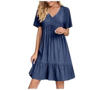 KUIH Summer Dresses for Women UK Casual Short Sleeve V Neck Dress Solid Color Lightweight Loose Sundress Ladies Vacation Ruffle Hem A Line Party Dresses for Weddings, Holidays, Beach