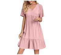 KUIH Summer Dresses for Women UK Casual Short Sleeve V Neck Dress Solid Color Lightweight Loose Sundress Ladies Vacation Ruffle Hem A Line Party Dresses for Weddings, Holidays, Beach