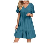 KUIH Summer Dresses for Women UK Casual Short Sleeve V Neck Dress Solid Color Lightweight Loose Sundress Ladies Vacation Ruffle Hem A Line Party Dresses for Weddings, Holidays, Beach