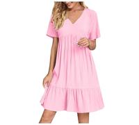 KUIH Summer Dresses for Women UK Casual Short Sleeve V Neck Dress Solid Color Lightweight Loose Sundress Ladies Vacation Ruffle Hem A Line Party Dresses for Weddings, Holidays, Beach