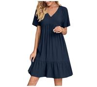 KUIH Summer Dresses for Women UK Casual Short Sleeve V Neck Dress Solid Color Lightweight Loose Sundress Ladies Vacation Ruffle Hem A Line Party Dresses for Weddings, Holidays, Beach