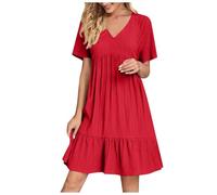 KUIH Summer Dresses for Women UK Casual Short Sleeve V Neck Dress Solid Color Lightweight Loose Sundress Ladies Vacation Ruffle Hem A Line Party Dresses for Weddings, Holidays, Beach