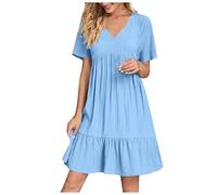 KUIH Summer Dresses for Women UK Casual Short Sleeve V Neck Dress Solid Color Lightweight Loose Sundress Ladies Vacation Ruffle Hem A Line Party Dresses for Weddings, Holidays, Beach