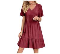 KUIH Summer Dresses for Women UK Casual Short Sleeve V Neck Dress Solid Color Lightweight Loose Sundress Ladies Vacation Ruffle Hem A Line Party Dresses for Weddings, Holidays, Beach